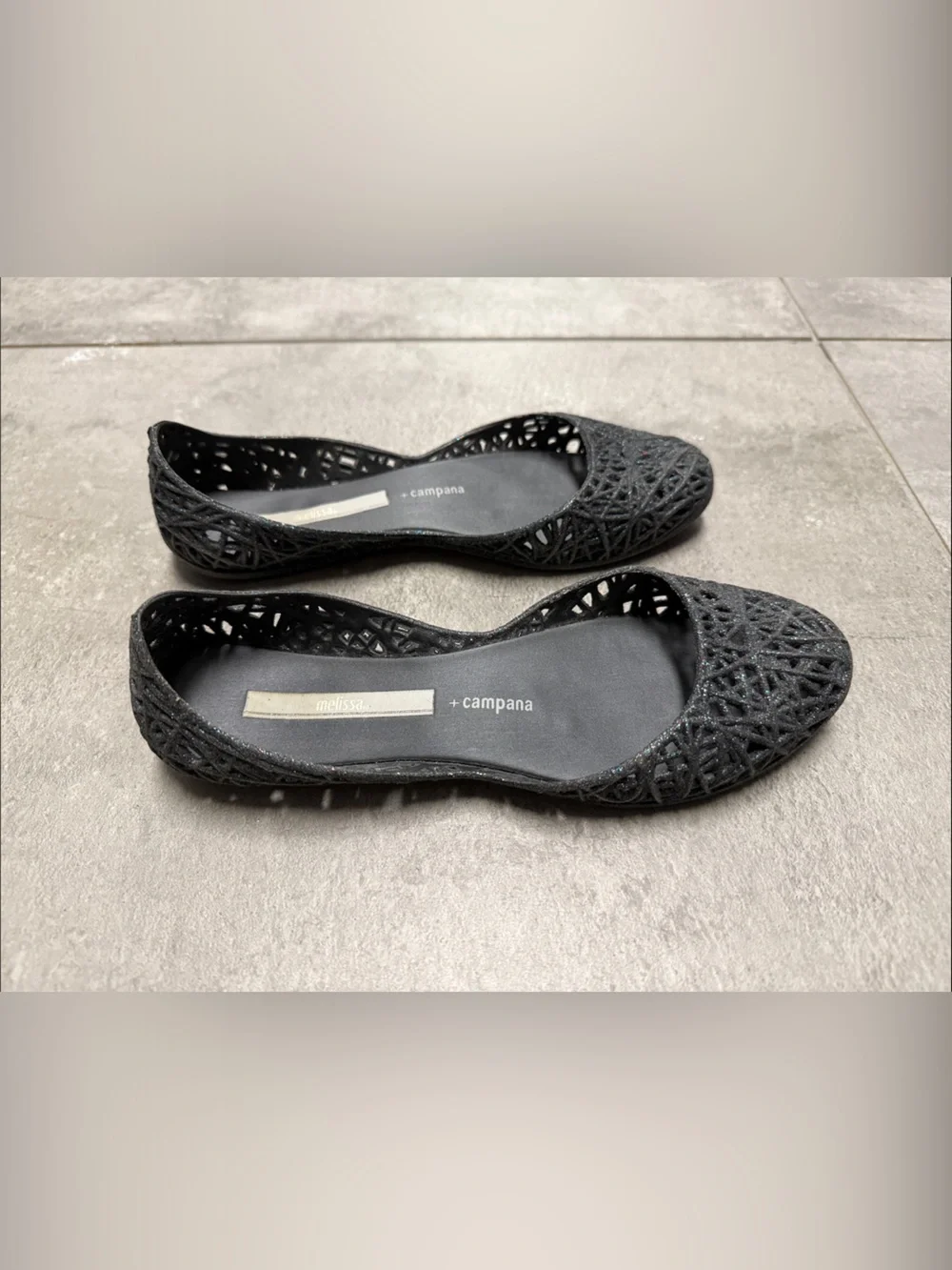 Melissa + Campana Zig Zag jelly flats in black glitter